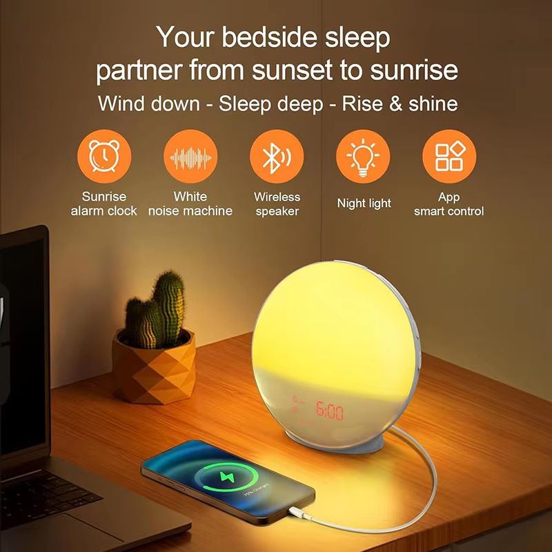 Smart Wake Up Light Alarm Clock with Bluetooth Speaker, APP Control, FM Radio, Natural Sounds and Nightlight