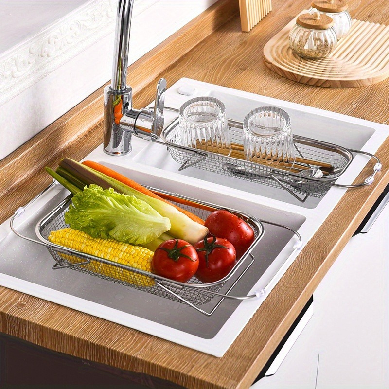 Stainless Steel Over Sink Colander with Telescopic Handle, Metal Mesh Strainer Basket for Fruits & Vegetables