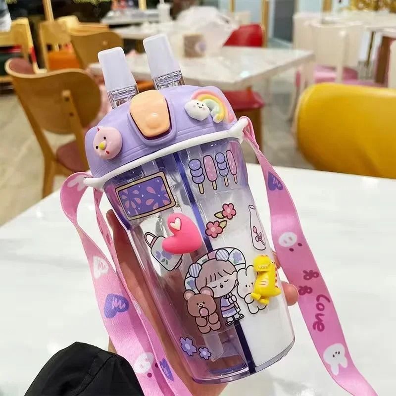 Kids Water Bottle with Double Straw Leak Proof Cute Plastic Bottle 430ml