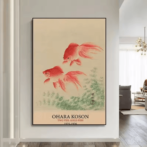 Hokusai-Inspired Goldfish Lotus Japanese Wall Art Retro Canvas Print (Frameless)