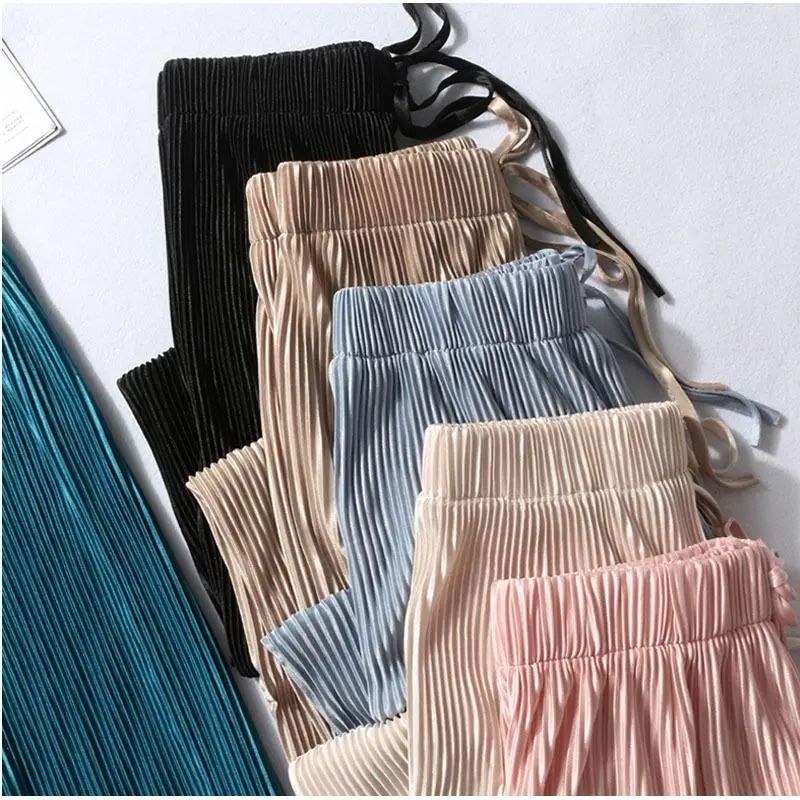 Women Summer Wide Leg Pants with Elastic Waist and Pleated Ice Silk Fabric for Casual Comfort