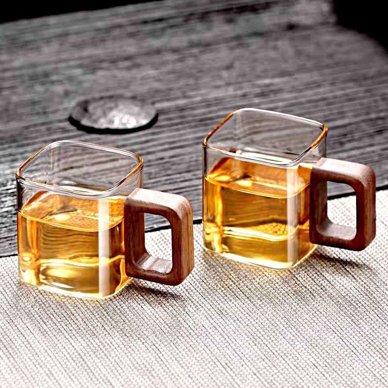 Fresh Ground Coffee Glass Mug with Walnut Wooden Handle, Small Capacity Home Breakfast Milk Tea Cups and Mugs Drinkware