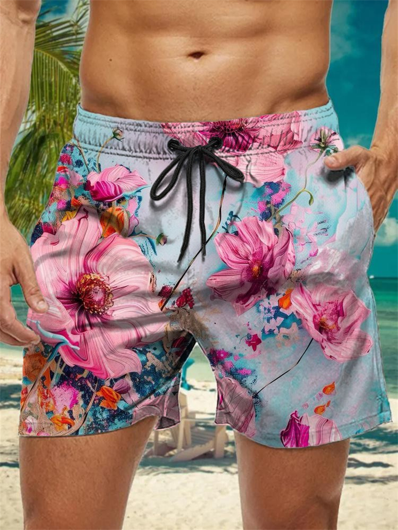 Trendy Floral Graphic Short Pants for Men, 3D Printed Hawaiian Beach Shorts Summer Fashion Vacation Oversized Swim Trunk