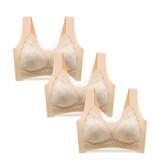 FallSweet 3-Piece Wireless Lace Push Up Deep V Bralette Set (L–5XL)