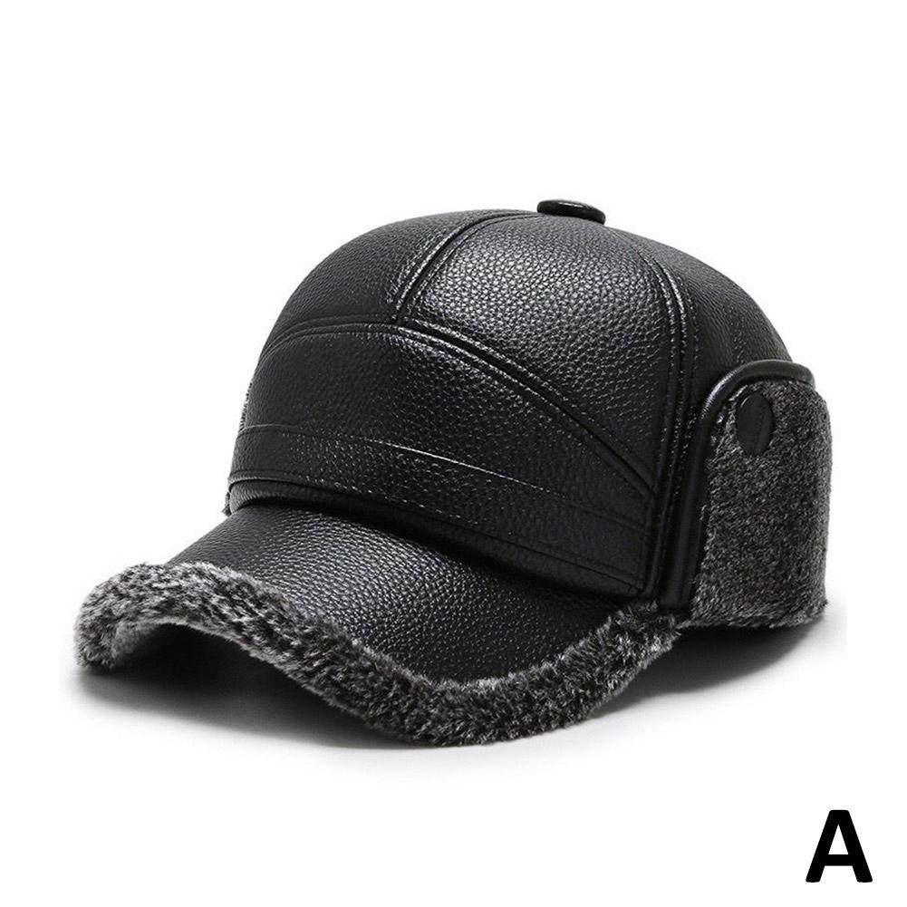 Winter Baseball Cap Men PU Leather Bomber Caps, Warm Thicker Dad Hat With Earflaps, Windproof Tongue Hat
