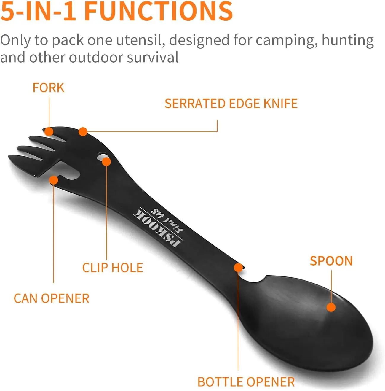 PSKOOK 5-in-1 Tactical Spork Stainless Steel Camping Utensil with Bottle and Can Opener