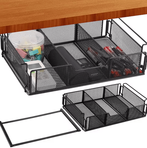 Under Desk Drawer Organizer Set with Black Desktop Storage Basket