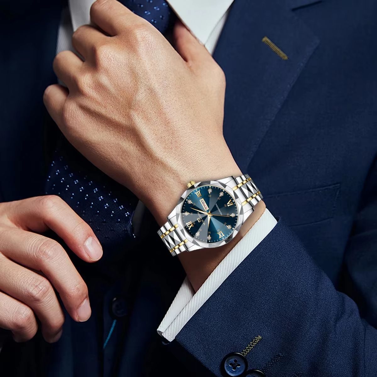 Men's Luxury Stainless Steel Watch – Blue Gold Quartz with Night Glow & Double Calendar