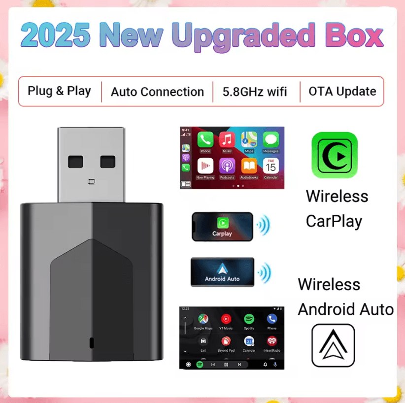 Mini Wireless Carplay Android Auto Adapter – Plug and Play 2 in 1 USB Dongle