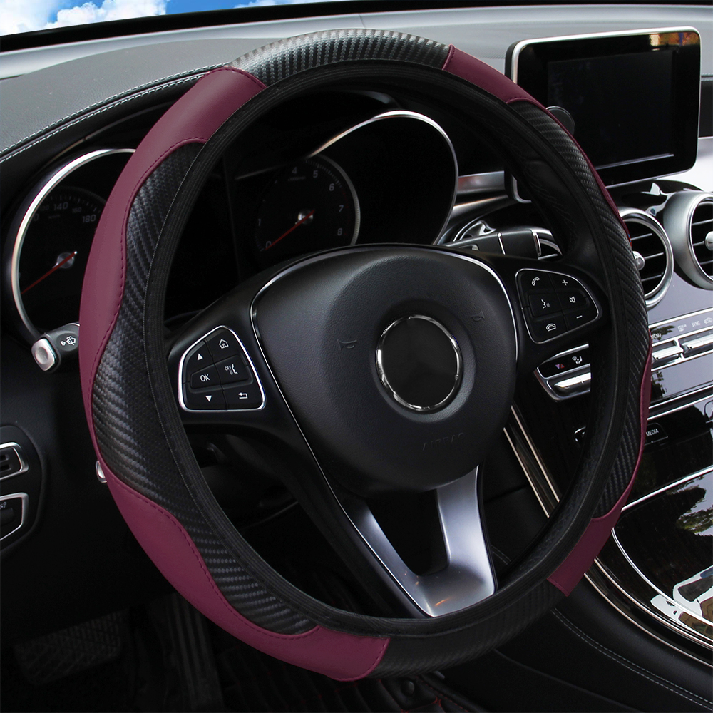 Premium PU Leather Carbon Fiber Car Steering Wheel Cover – Fits 14.5-15 Inches (No Inner Ring)