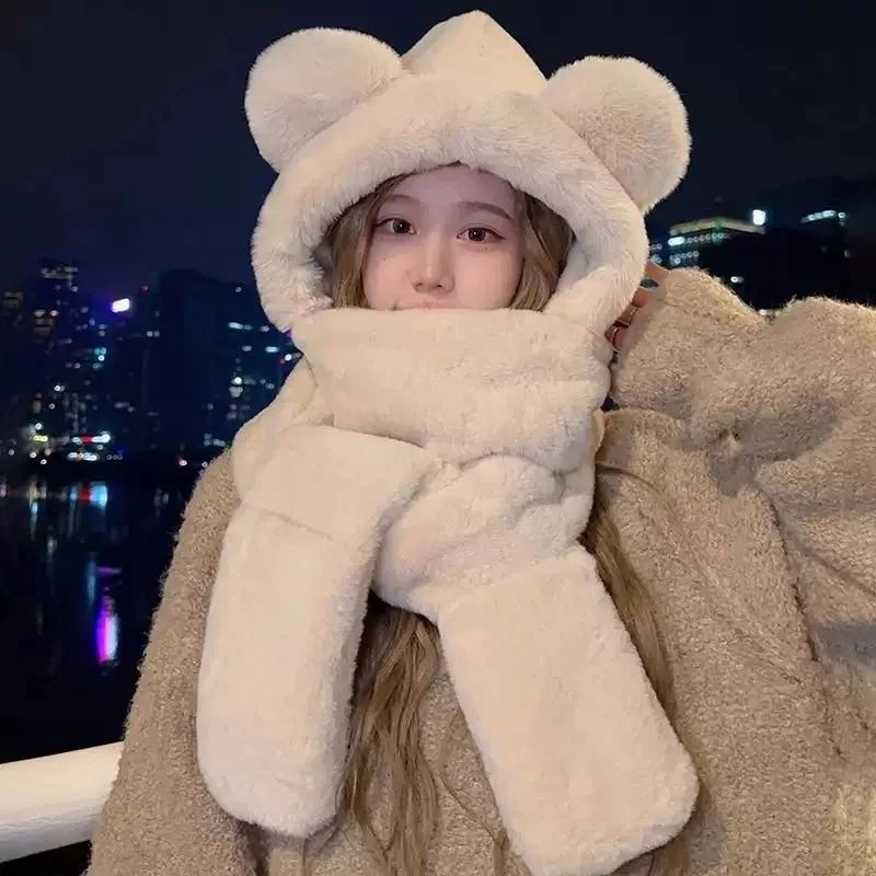 Plush Fleece 3-in-1 Bear Ear Hooded Cap Scarf and Gloves Set