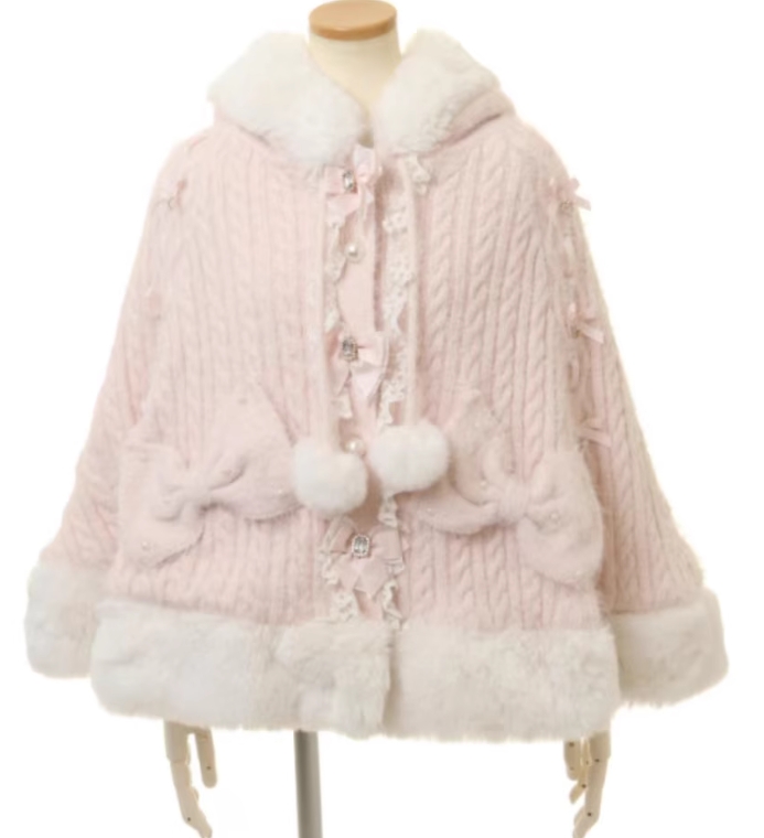 Japanese Sweet Soft Thick Women's Double-Layer Big Ribbon Hooded Knitted Cloak, Cozy Autumn & Winter Ponchos with Hood
