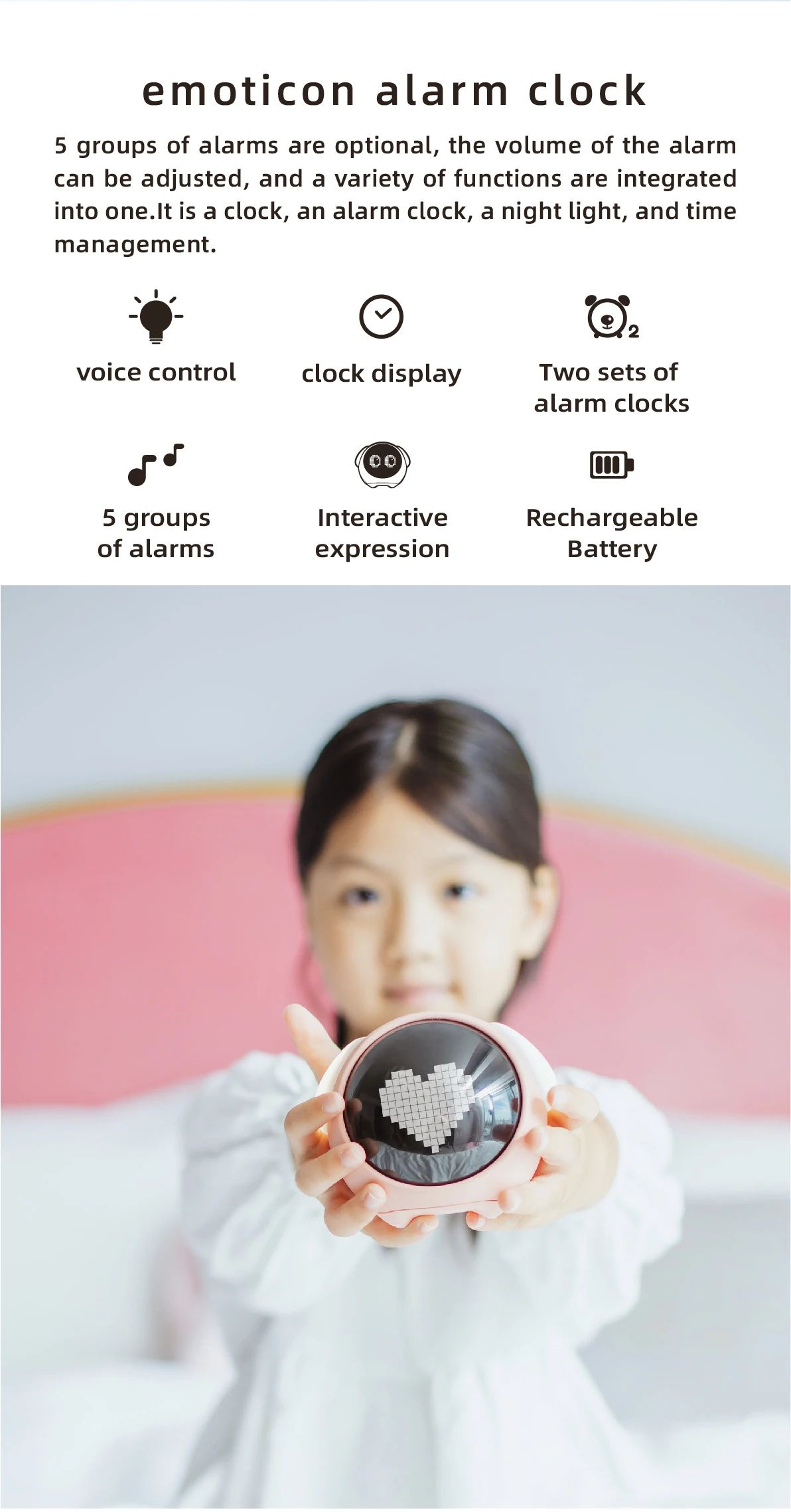 Cute Kids Digital Alarm Clock with Light and Emoji Display