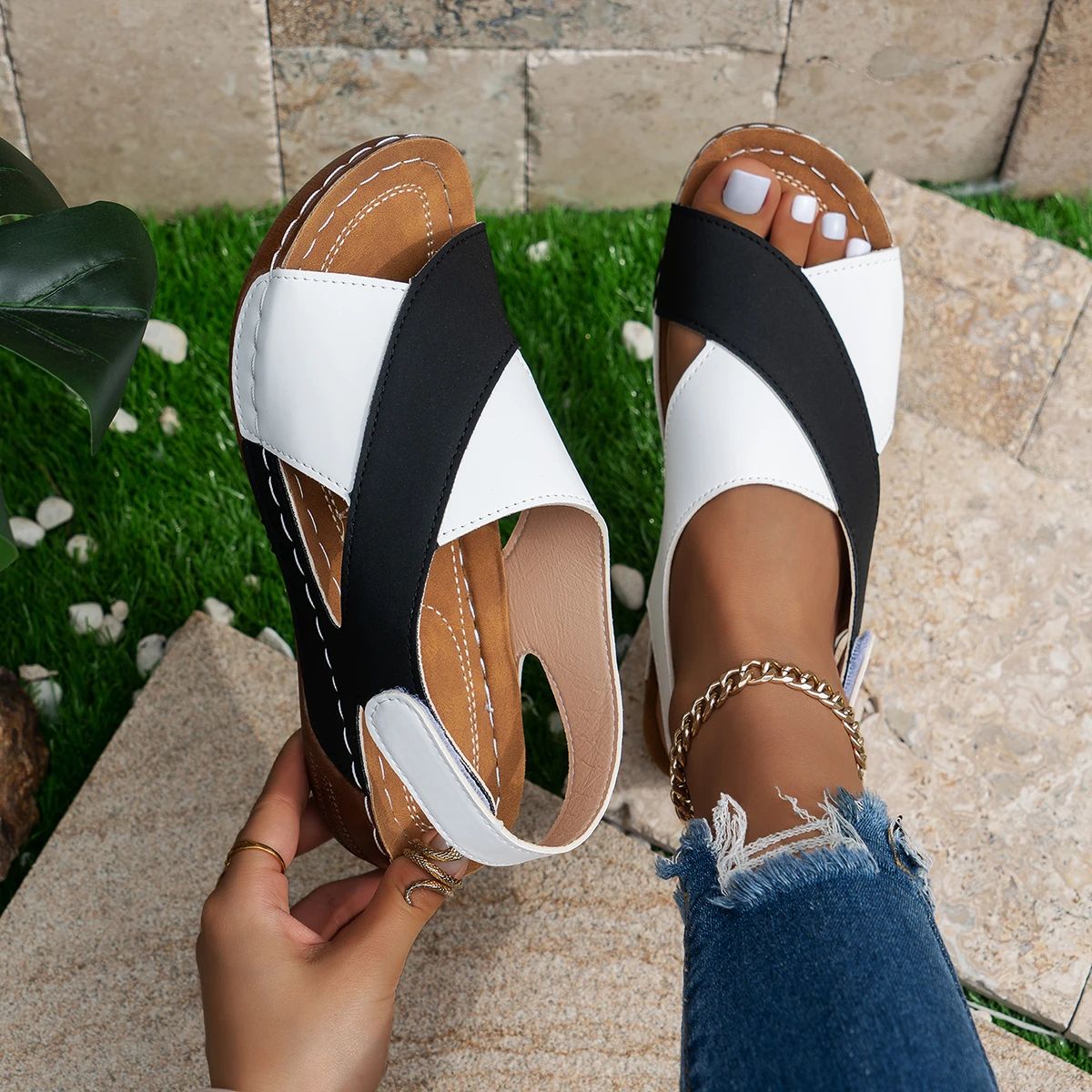 Comfortable Platform Wedge Sandals for Women Summer Peep Toe Roman Sandalias, Orthopedic Beach Shoes with Arch Support