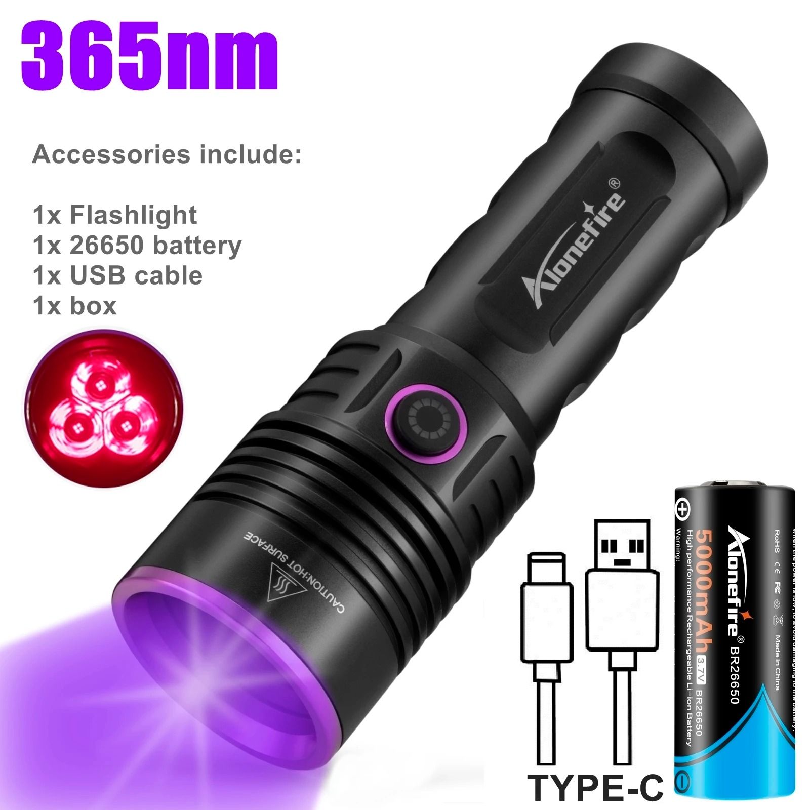 High Power UV Flashlight with Rechargeable Battery and Blacklight Detection