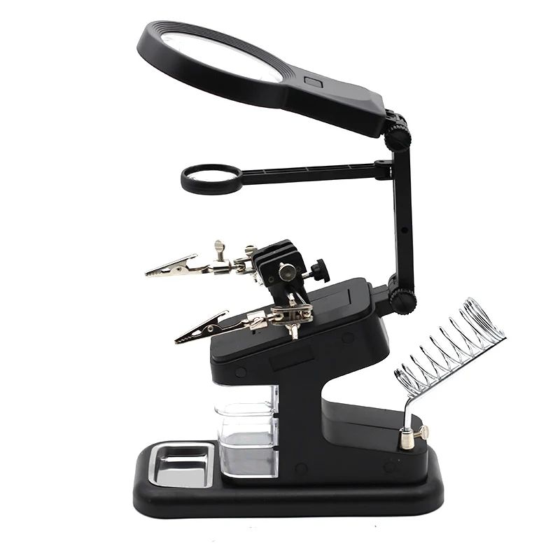 LED Light Magnifying Glass Soldering Stand with Adjustable Clips