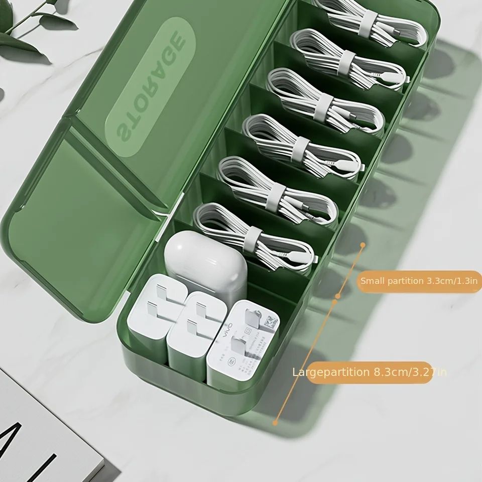 Desktop Cable Organizer Box with Lid – Multi-Compartment Charging Cable Storage & Cord Sorting Case