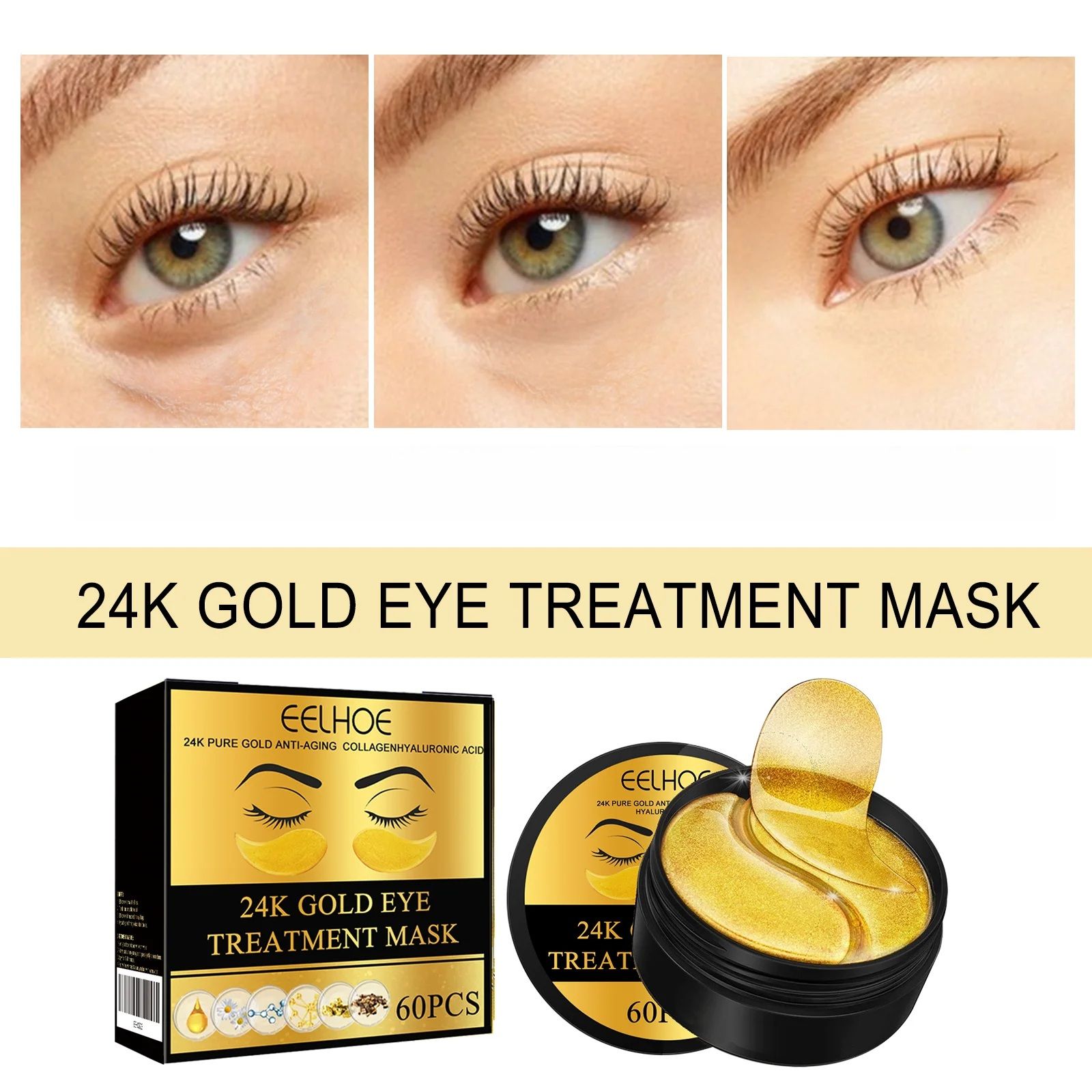RadianceGlow 24K Gold Eye Mask Patches – 60PCS Under Eye Patches for Dark Circles & Firming Care