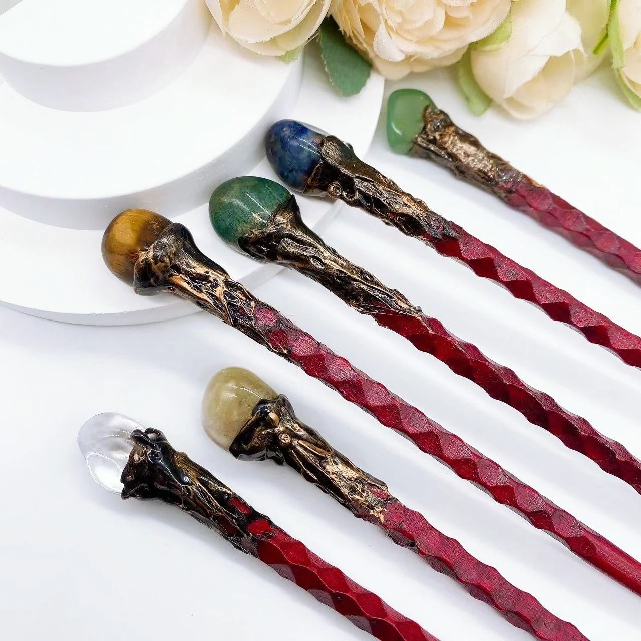 Natural Crystal Magic Wand Rose Quartz Witchcraft Scepter