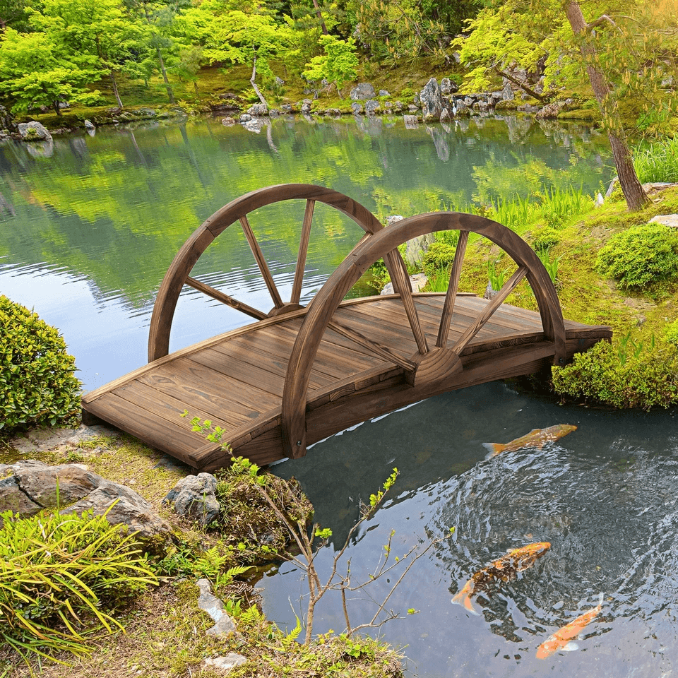 Wooden Garden Bridge Arc Stained Finish Walkway with Half Wheeled Railings, Decorative Outdoor Landscaping Archway