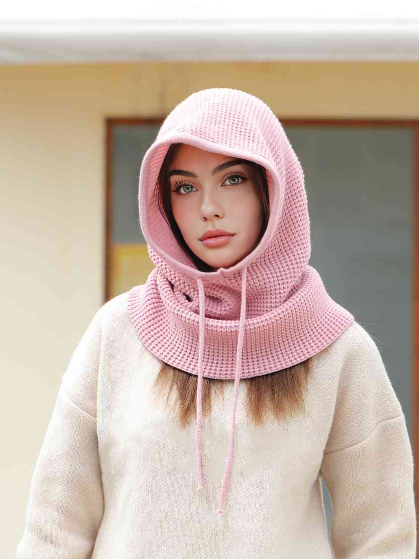 One-Piece Knit Balaclavas, A Women Winter Beanie Hats, Mask Neck Circle Scarf Ski Snow Hat for Outdoor sports