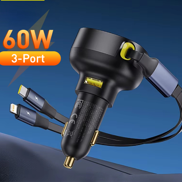 Dual Retractable Cable Car Phone Charger For Samsung iPhone Xiaomi, Charger Type-C USB PD QC PPS Fast Charging