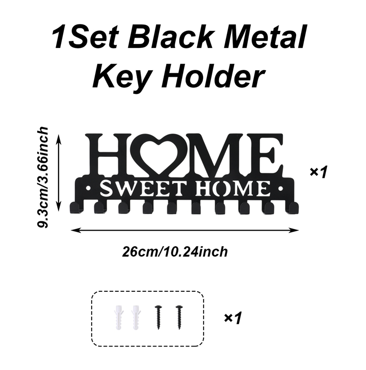 Black Metal Wall-Mounted Key Holder Rack, Sweet Home Design