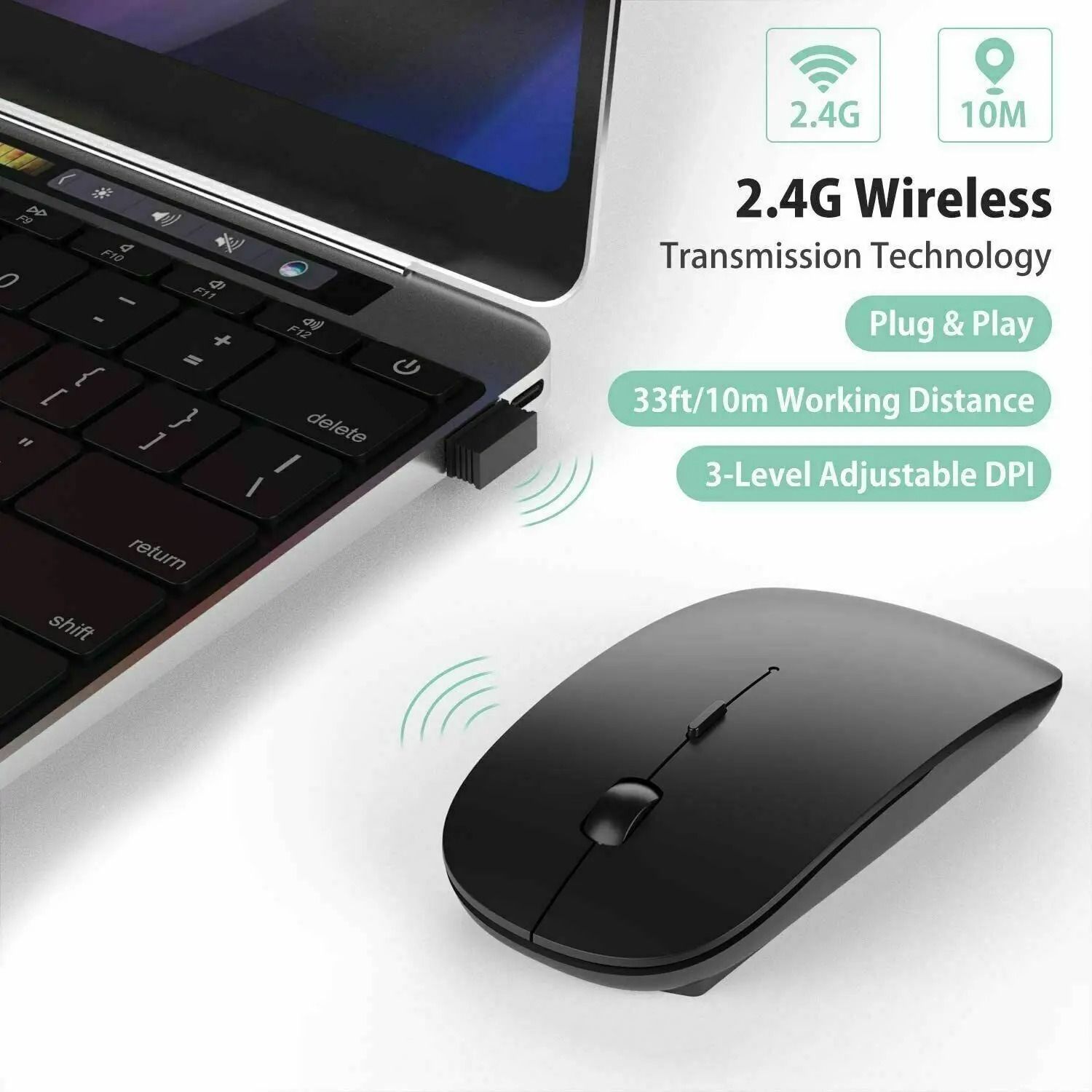 Slim Wireless Optical Mouse | 1600DPI Ergonomic Quiet Mouse for Office & Gaming