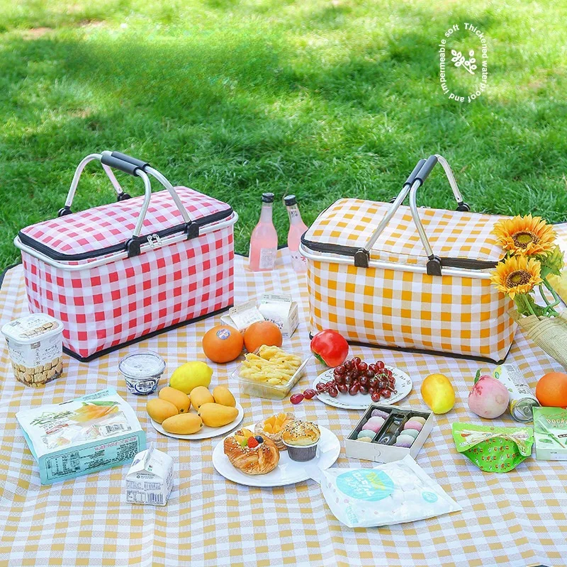 Folding Picnic Basket Outdoor Camping, Handheld Insulation Bag Aluminum Foil for Barbecue Travel