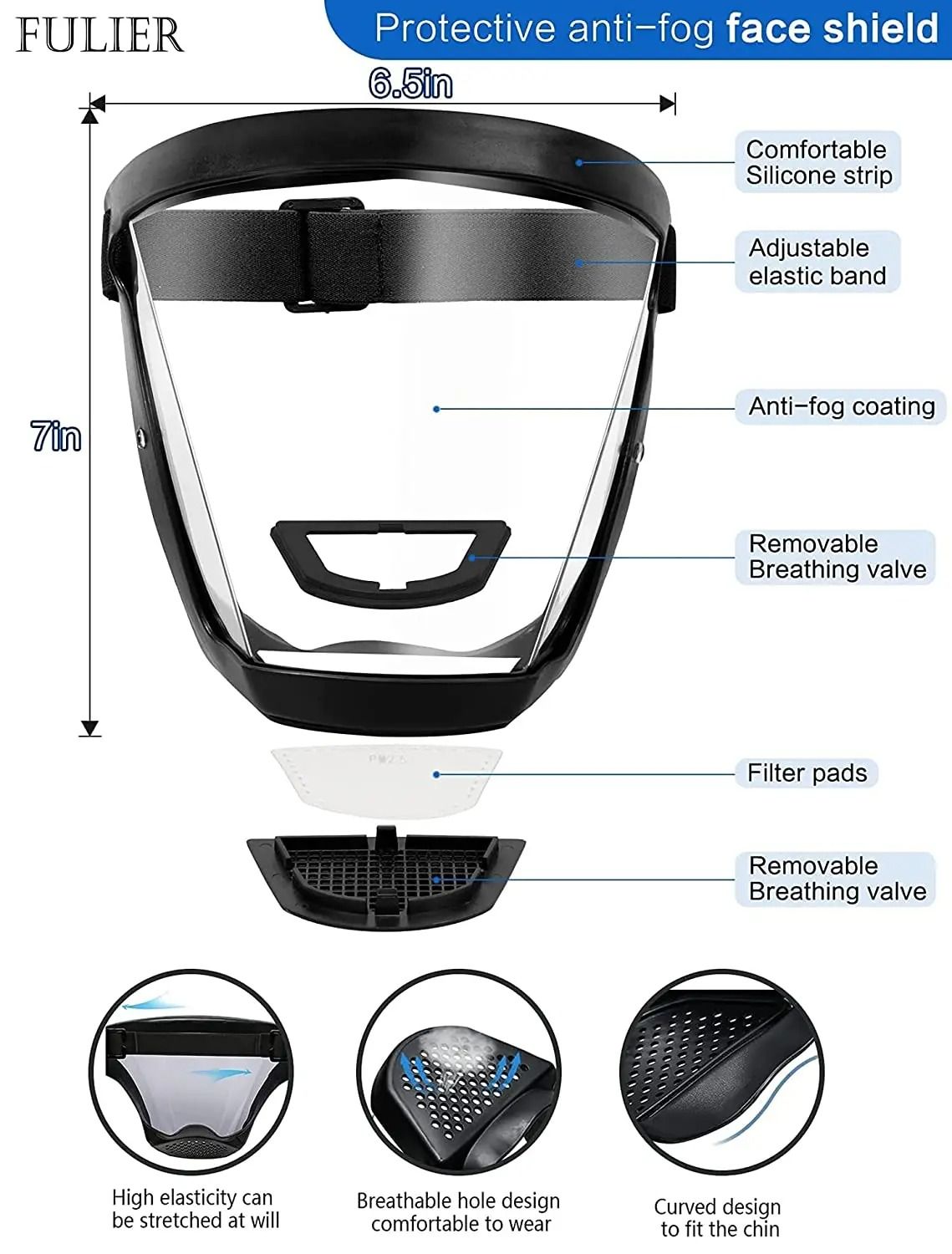 FULIER Transparent Anti-Fog Full Face Shield