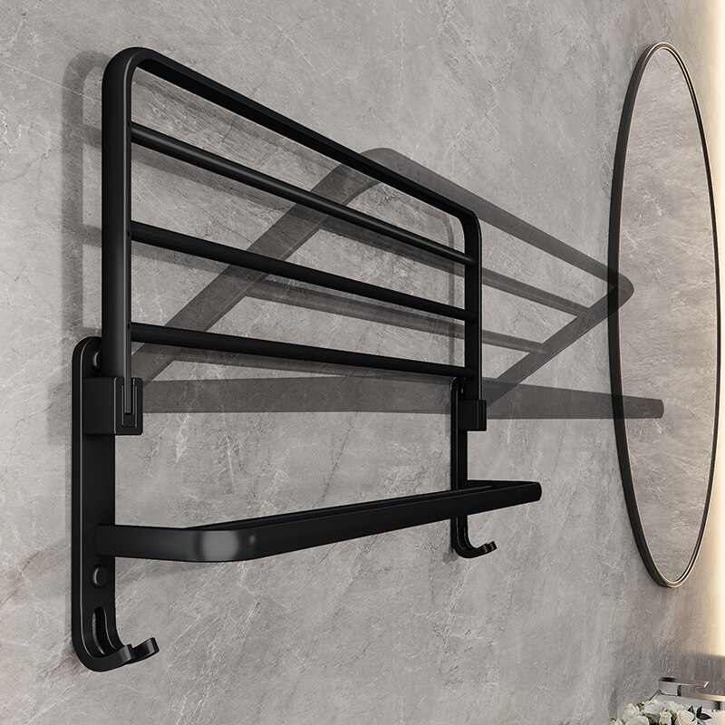 Matte Black Wall Mount Folding Towel Holder with Hook Durable Aluminum Towel Rack