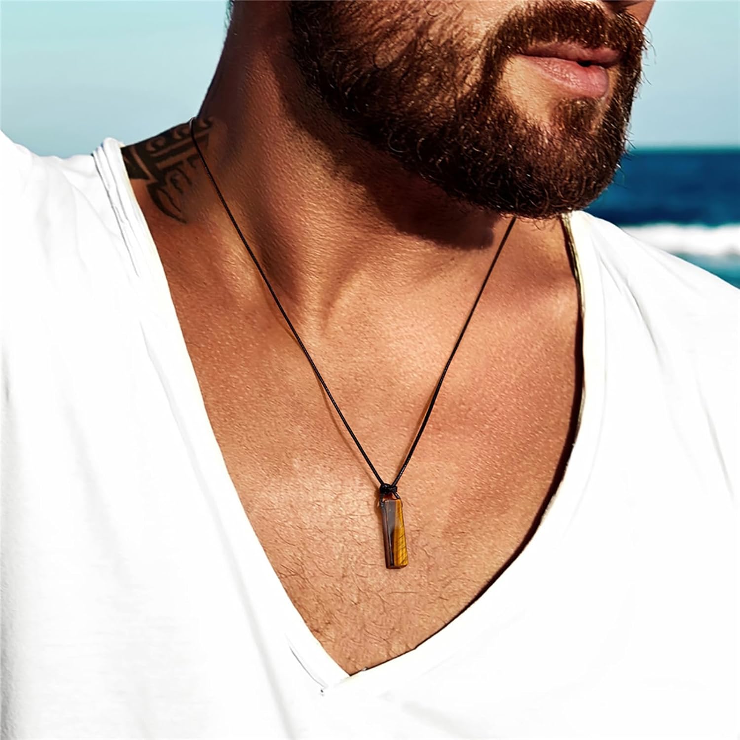 Black Tourmaline Necklace for Men, Adjustable Black Obsidian & Onyx Pendant for Spiritual Energy & Protection