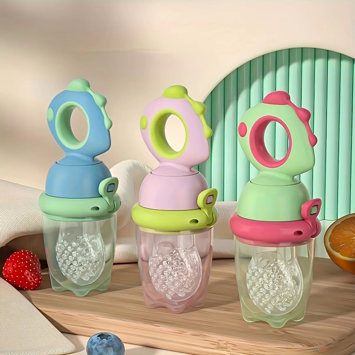 9-Piece Silicone Baby Feeding Set with Dinosaur Rotating Fruit Feeder, Squeeze Bottle and S/M/L Silicone Bags