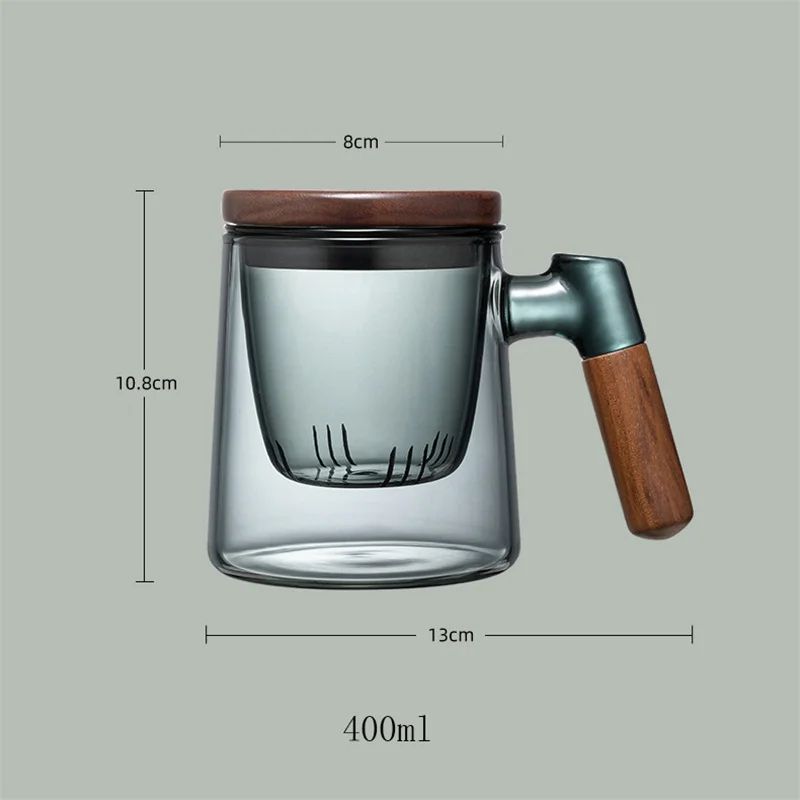 400ml Glass Tea Cup with Walnut Handle and Filter