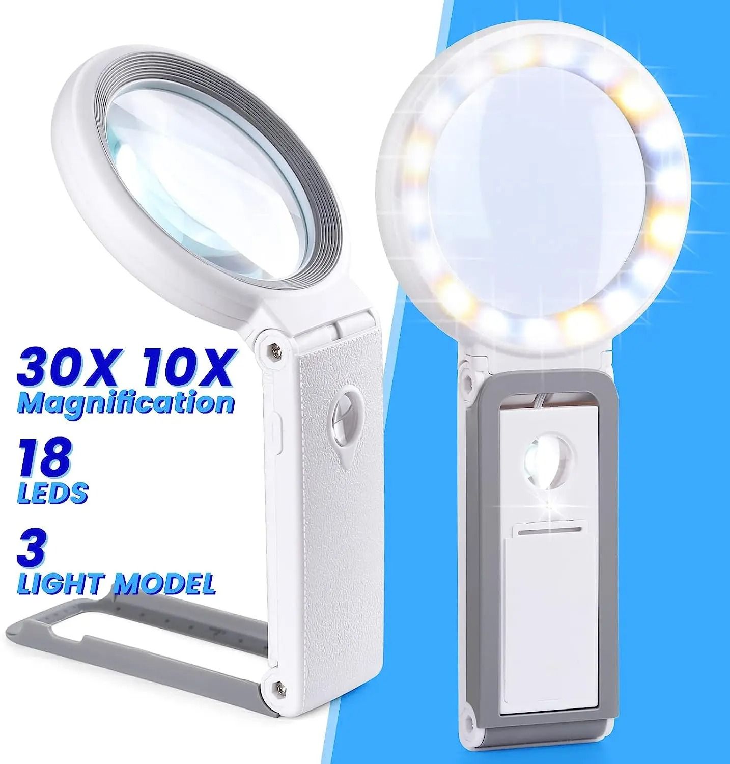 Folding LED Magnifying Glass with 30X and 10X Lenses and Stand for Reading and Precision Work