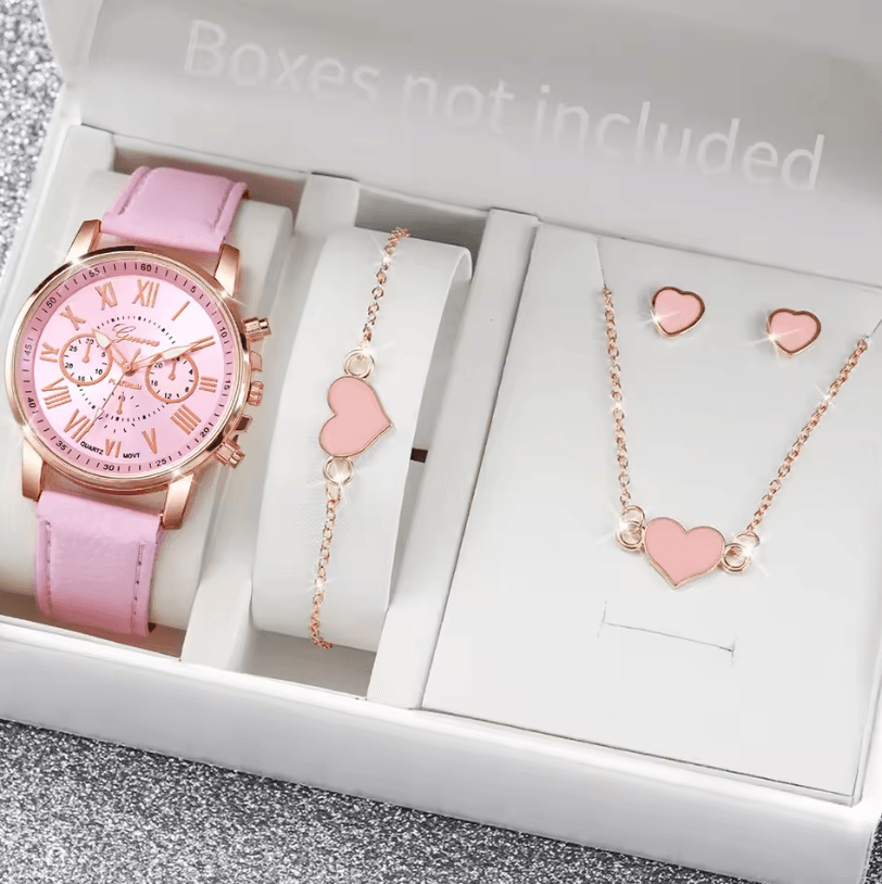 Fashion Womens Quartz Watch Set with Leather Bands and Heart Rhinestone Accent (5/6 PCS)