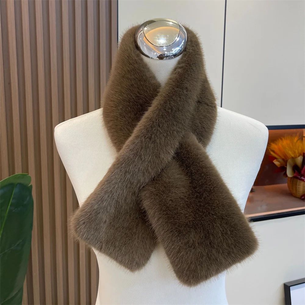 Luxury Faux Rabbit Fur Cross Collar Scarf – Women's Thick Winter Furry Neck Warmer