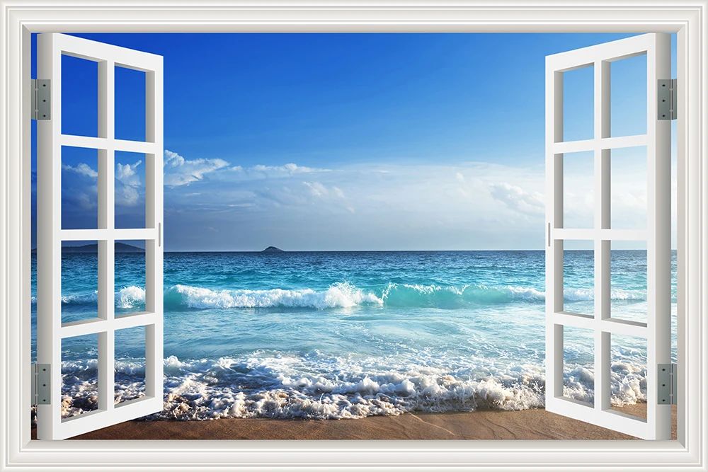 3D Beach Window View Wall Sticker – Ocean Sky Landscape Peel & Stick PVC Wallpaper