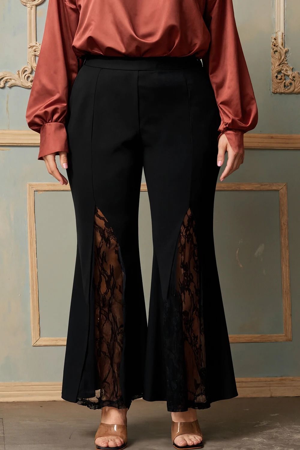 Plus Size Lace Patchwork Hollow Out High Waist Tailored Flare Pants Casual Office Lady Trousers