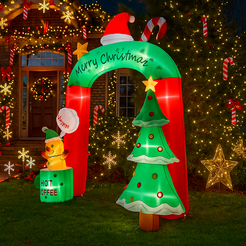 Christmas Inflatable Hot Coffee Mug Bear, LED Archway Decoration, Outdoor Yard Ornament, Holiday Home Party Toy