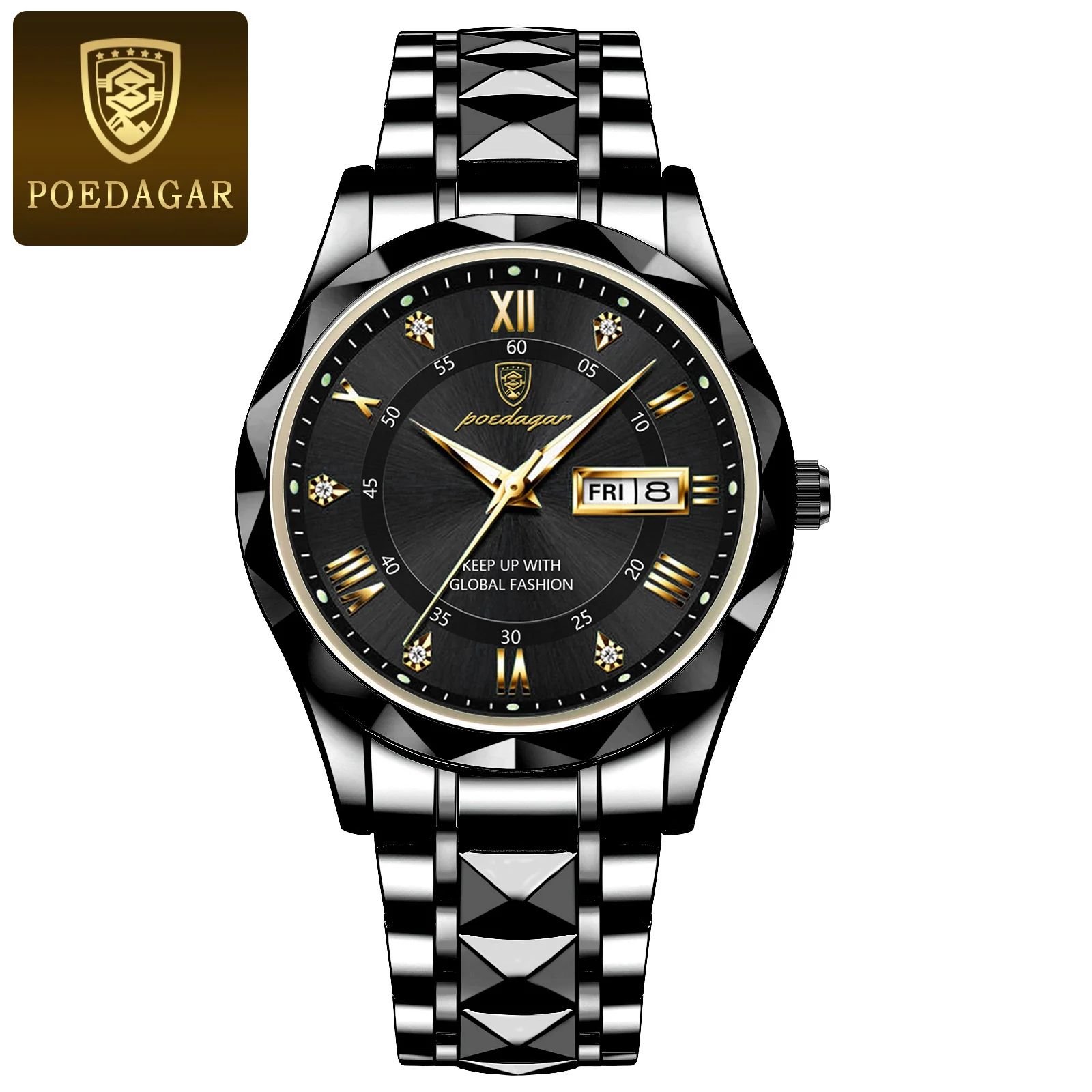POEDAGAR 615 Luxury Waterproof Stainless Steel Men's Quartz Watch with Luminous Date & Week Display