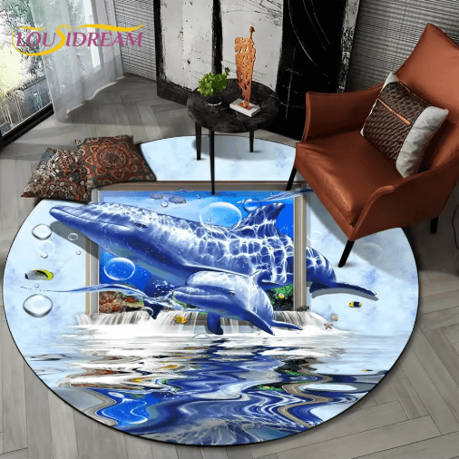 3D Ocean Dolphin Area Rug – Non-Slip Underwater Illusion Round Carpet