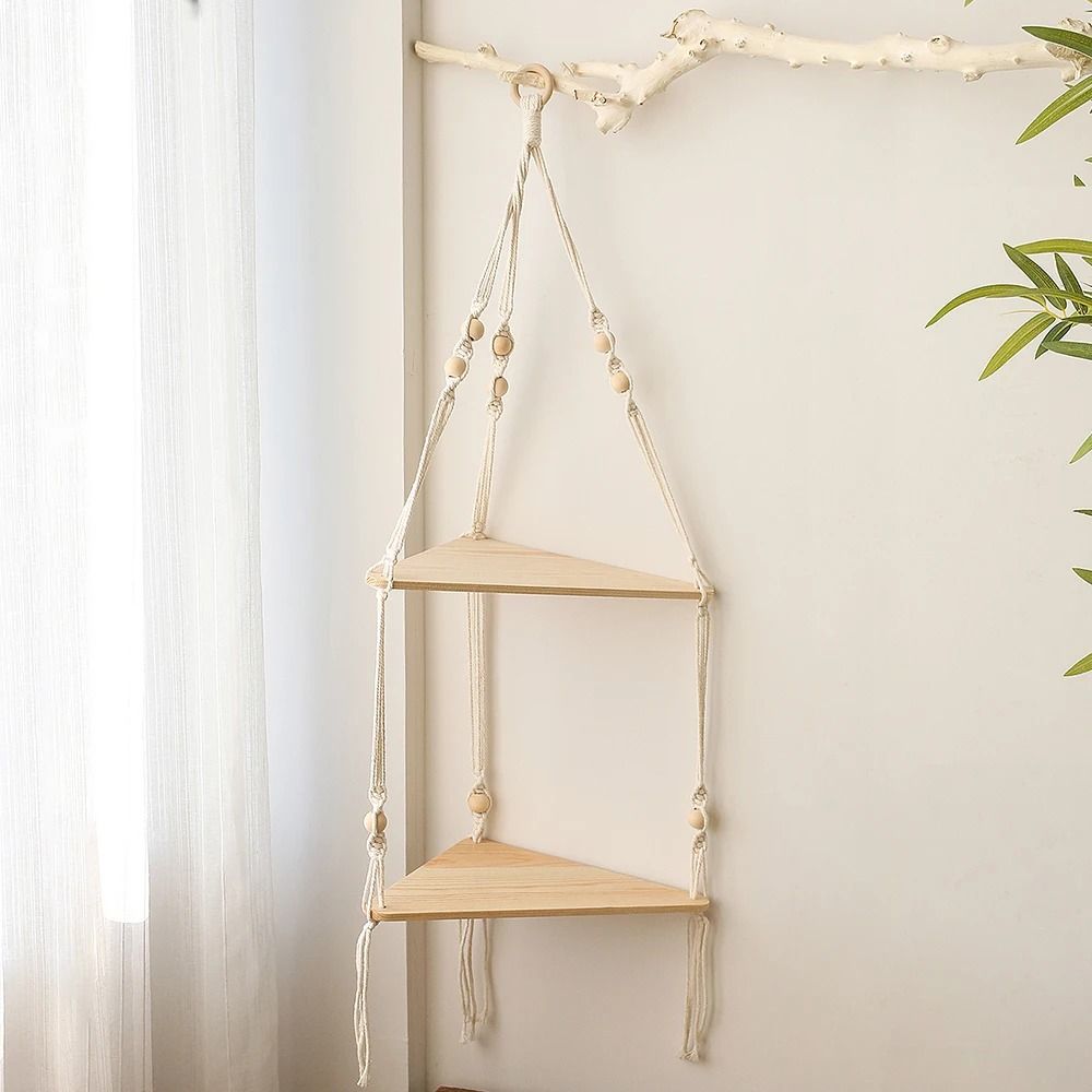 Boho Macrame Wall Hanging Floating Wood Shelf