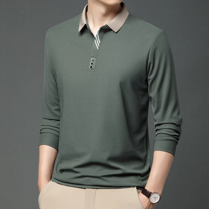 Stylish Men's Business Casual Polo Shirt, Breathable Long Sleeved Top, Comfortable Solid Color Shirt