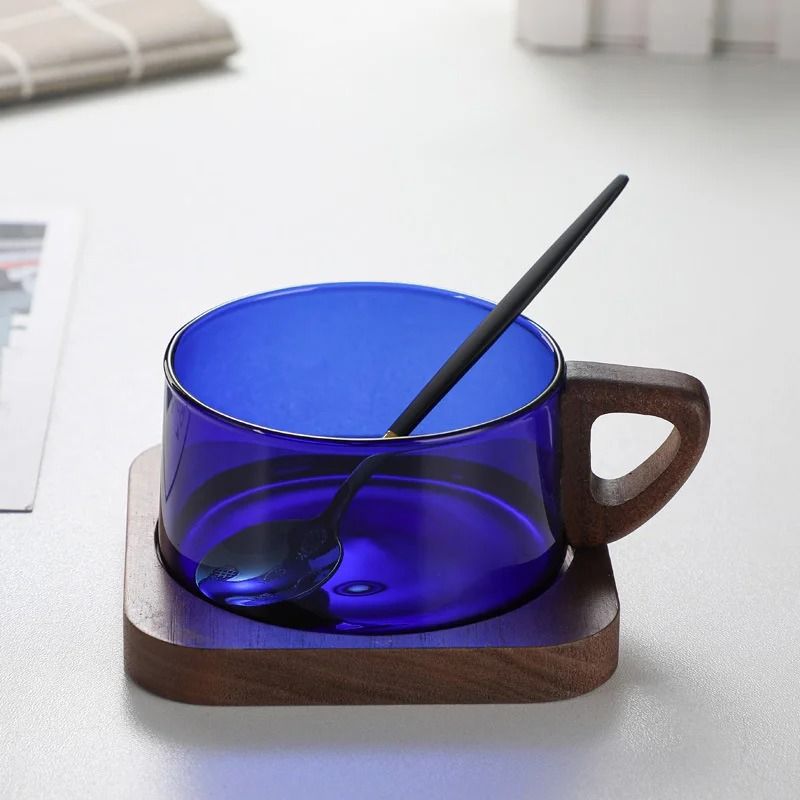 Glass American Latte Coffee Cup with Wooden Tray