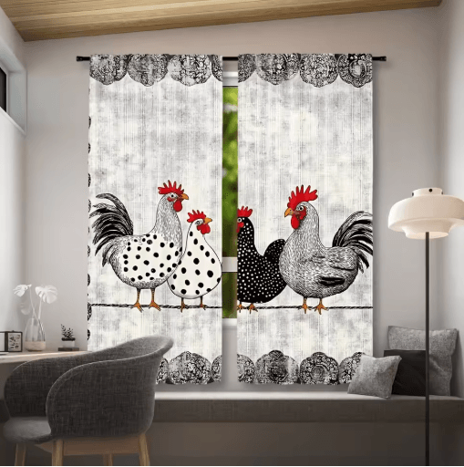 2-Piece Cafe Curtains Kitchen Window Retro Polka Dot Chicken Print Panels