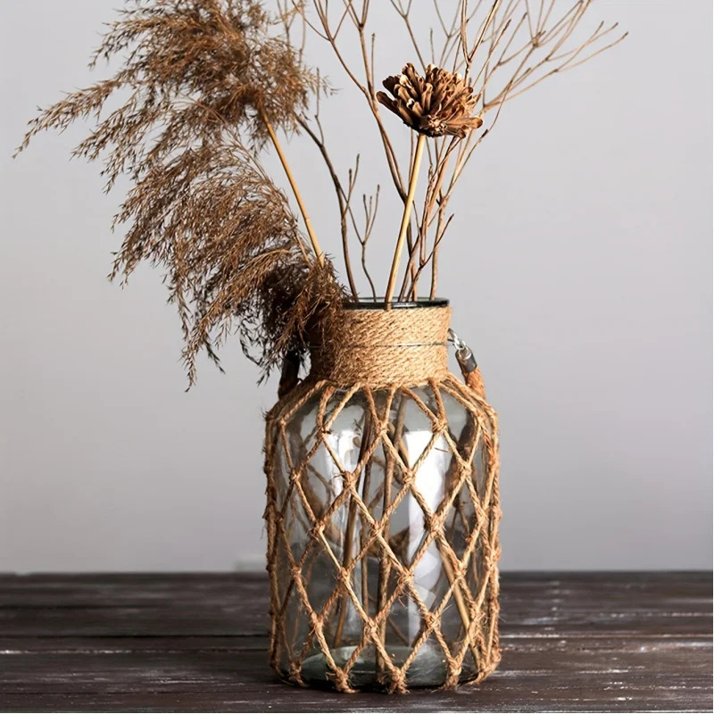 Vintage Hemp Rope Hanging Glass Vase Hand Braided Tabletop Hydroponic Decorative Planter