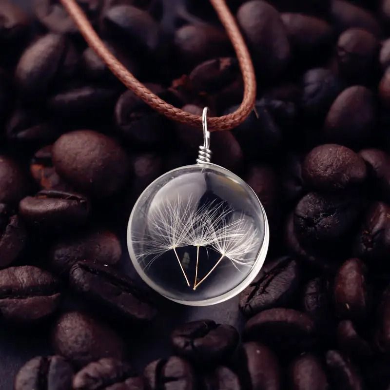 Round Dandelion Pendant Necklace with Transparent Glass Charm