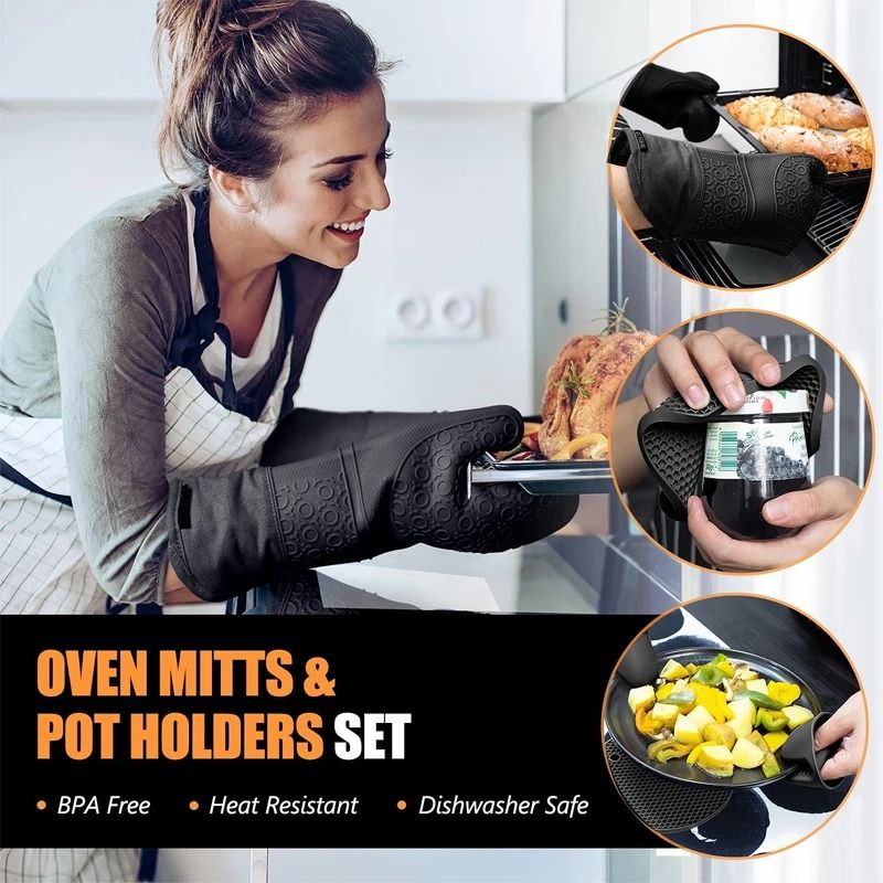 LMETJMA 6Pcs Extra Long Silicone Oven Mitts and Pot Holders Set Heat Resistant Cooking Gloves