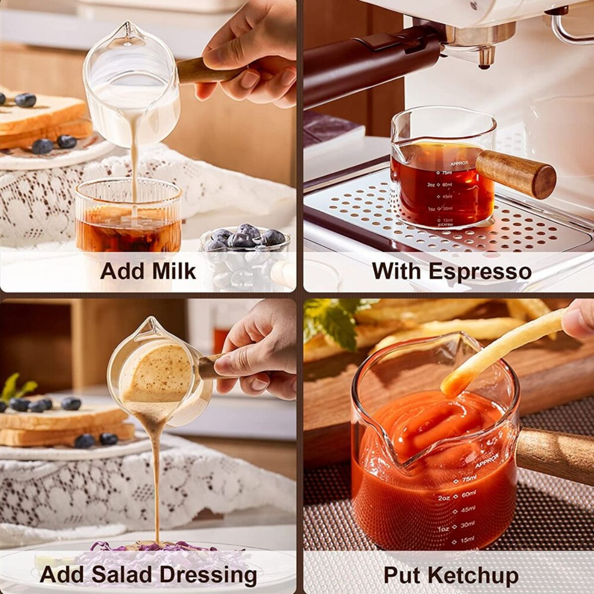 Glass Espresso Measuring Cup, Double/Single Mouth Glass Milk Jug, with Handle, Glass Scale Measuring Mugs